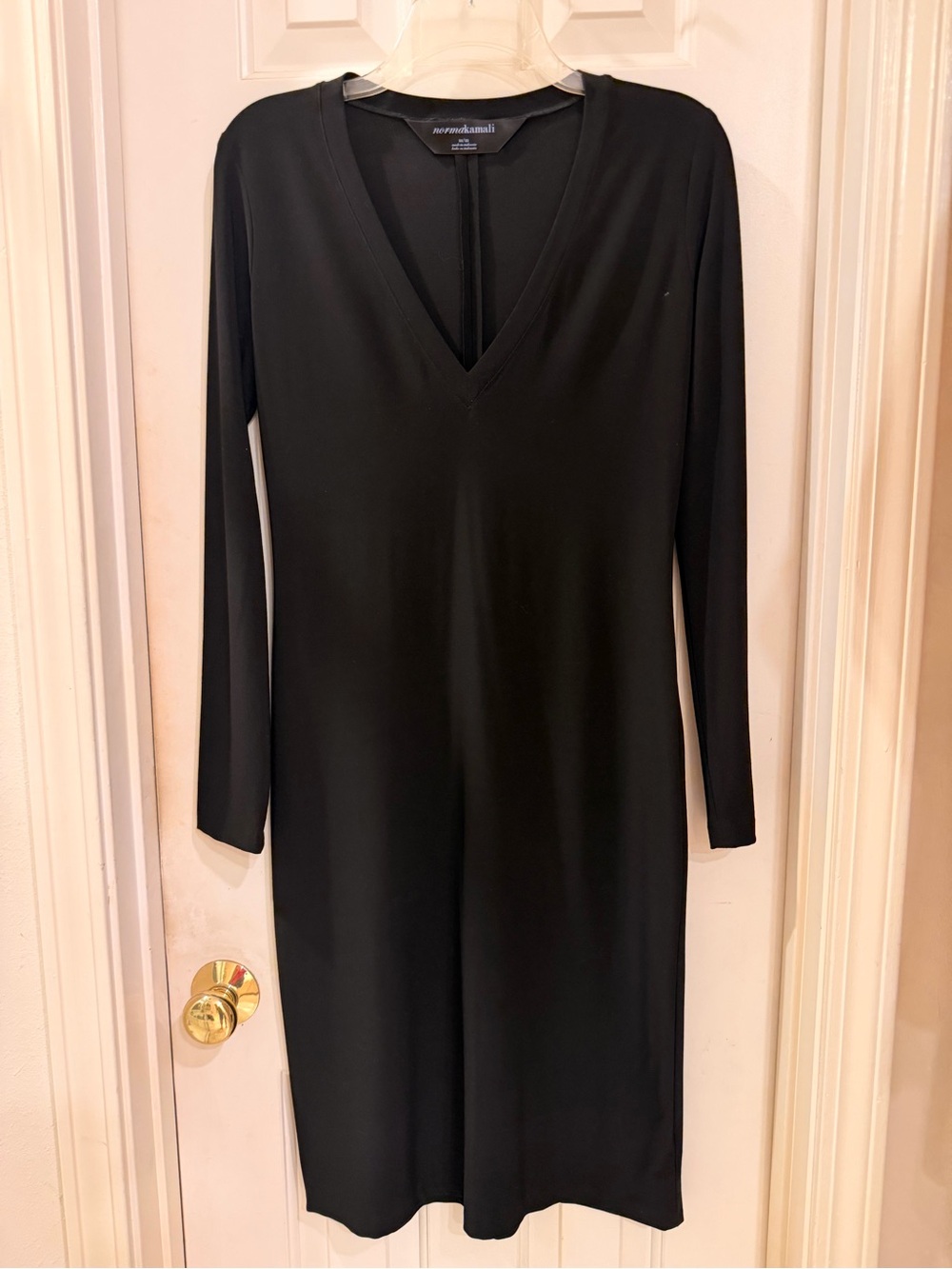 Norma Kamali Black Long Sleeve V-Neck Sleek Knit Dress, Size M - Picture 16 of 16